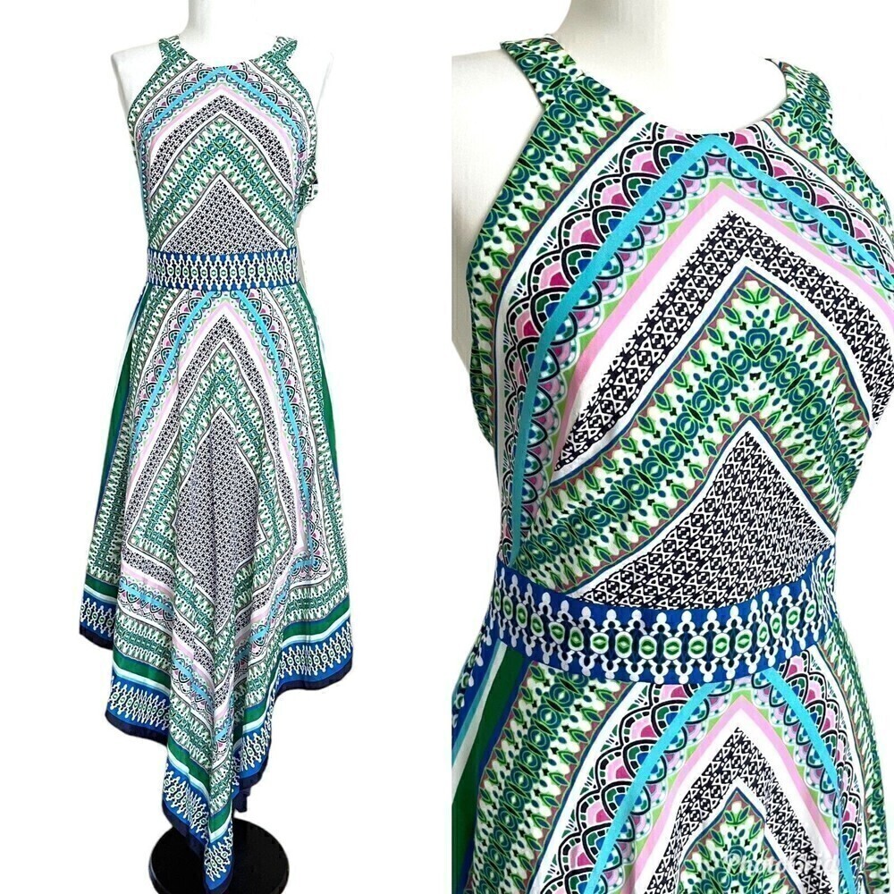 NWT Eliza J scarf Print Asymmetric Midi Dress size 8 Teal Vacation boho - Picture 15 of 15